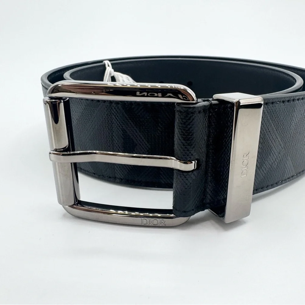 NEW Christian Dior CD Logo Diamond Black Coated Canvas Calfskin Buckle Belt